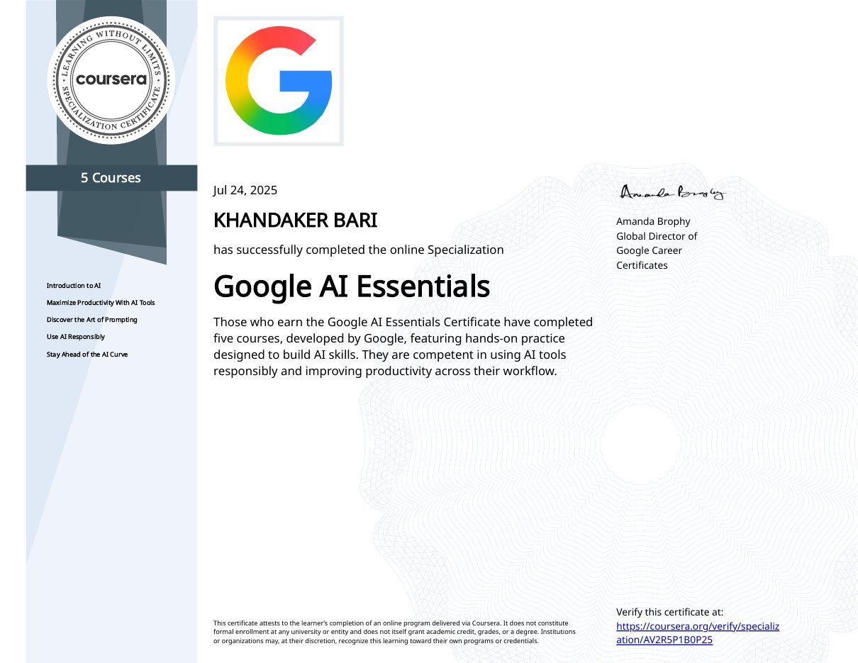 Google AI Essentials certificate — Google · 5-course certificate · 2025