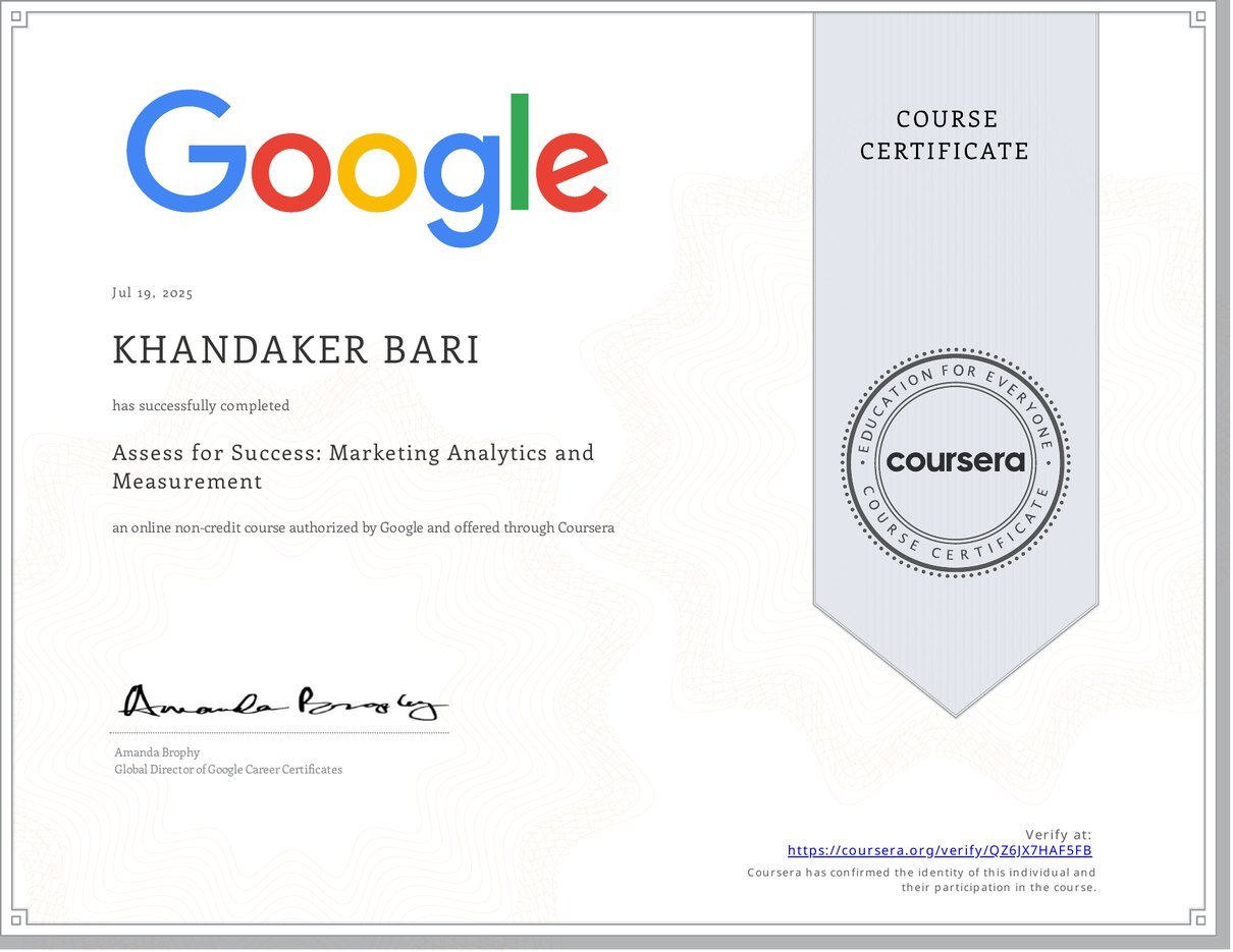 Assess for Success: Marketing Analytics and Measurement certificate — Google · 2025