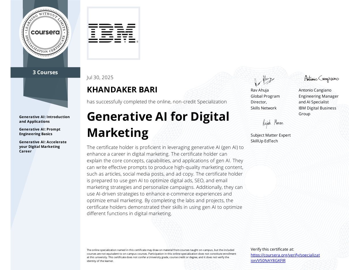Generative AI for Digital Marketing certificate — IBM · 3-course certificate · 2025