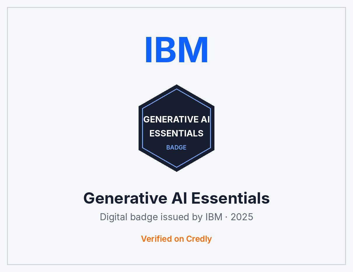 Generative AI Essentials certificate — IBM · Credly badge · 2025