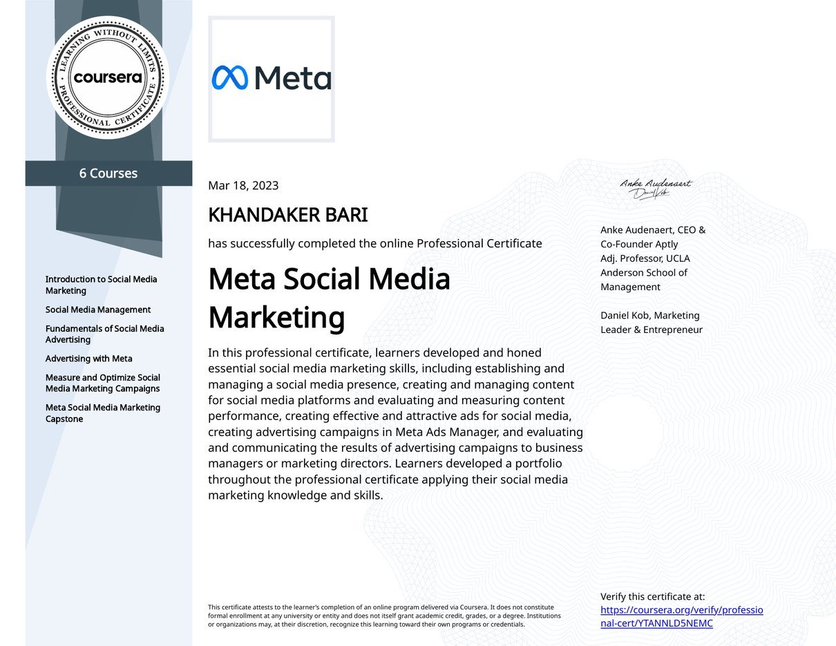 Meta Social Media Marketing certificate — Meta · 6-course professional certificate · 2023