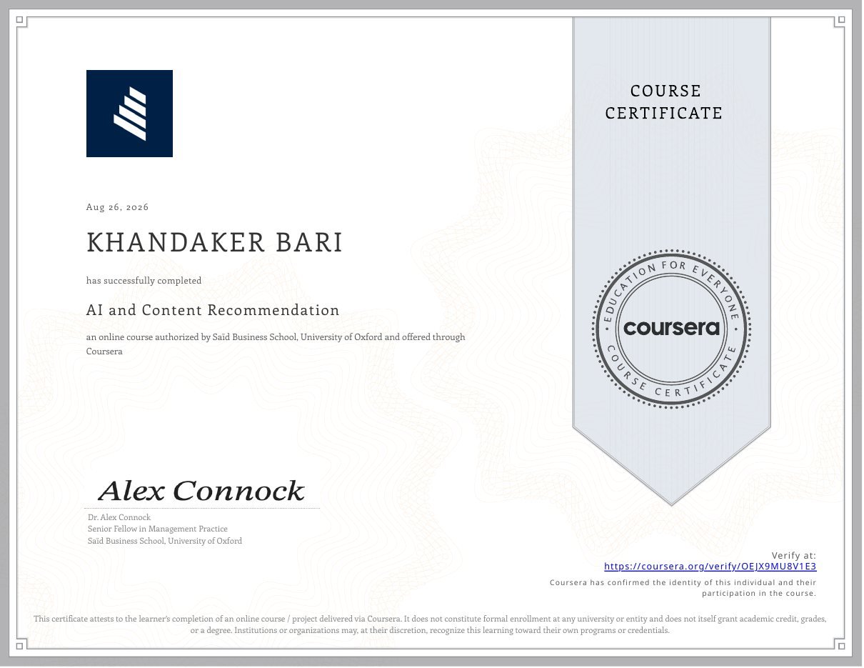 AI and Content Recommendation certificate — Saïd Business School, University of Oxford · 2026